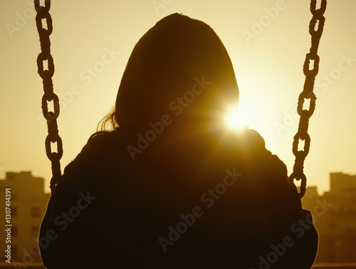 A person in a hoodie swinging against a sunset background.