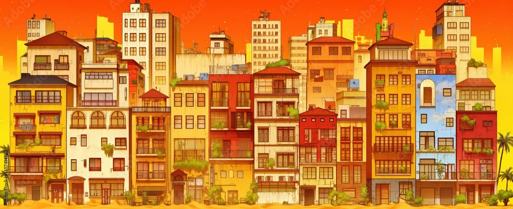 A row of colorful urban buildings with balconies and greenery, set against a vibrant sunset sky. Concept of city life and architecture. A row of colorful urban buildings with balconies and greenery, set against a vibrant sunset sky. Concept of city life and architecture.
