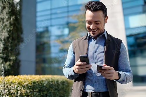 Smiling adult businessman, receiving a lovely message on his phone while walking.