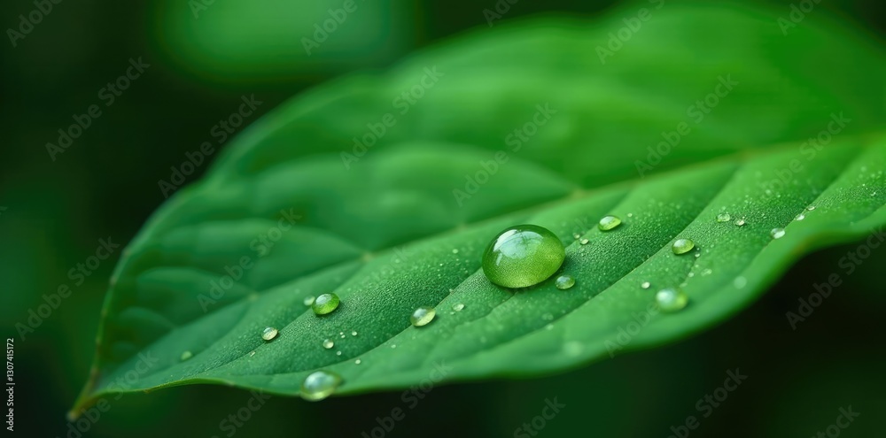 Large water droplets on a single large green leaf, leaf, wet Large water droplets on a single large green leaf, leaf, wet