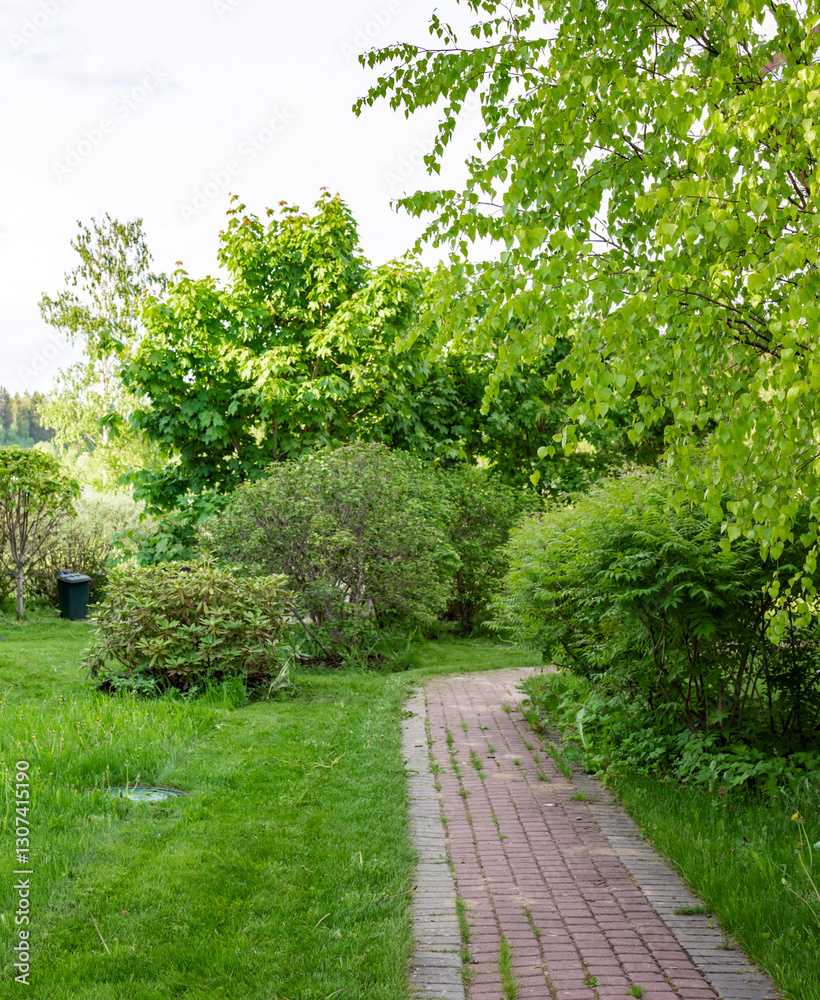 Brick path runs through a lush green garden