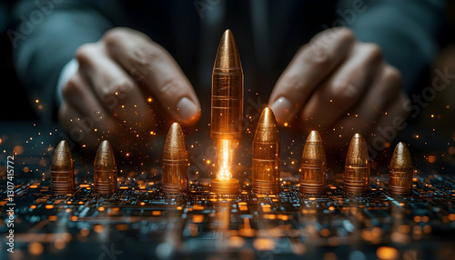 Technological Supremacy: Bullets on a Circuit Board with Golden Sparks