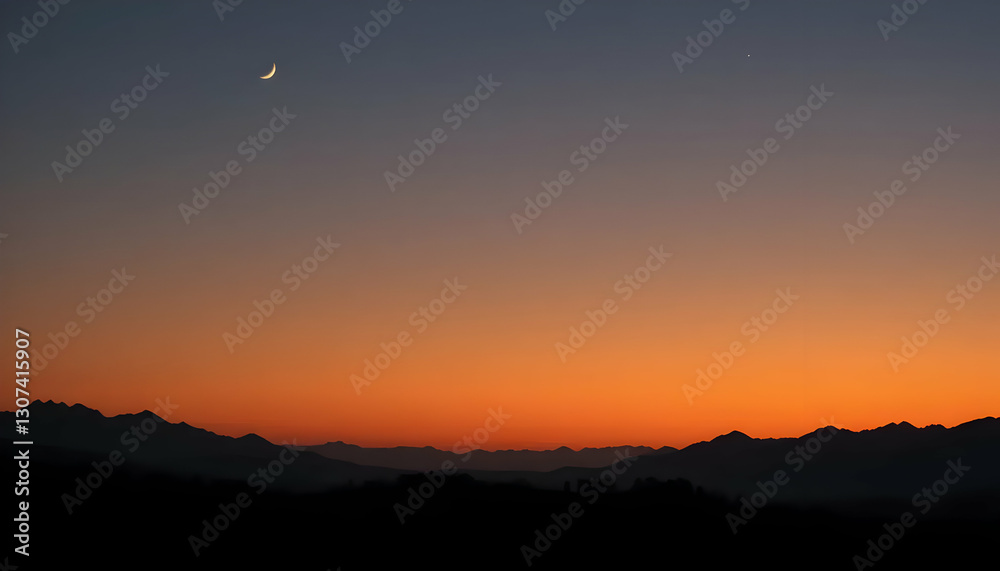 Fototapeta premium Serene Twilight Paints The Mountain Silhouettes With Fiery Hues, A Crescent Moon And Star Watching Silently In The Tranquil Dusk Sky