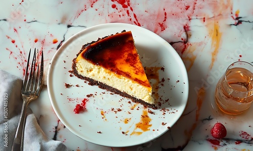 Basque burnt cheesecake on white plate, fresh baked cheese cake on table.