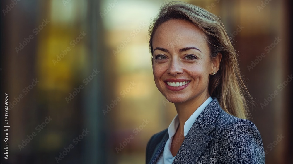 Smiling professional woman wearing a business suit outside a building Smiling professional woman wearing a business suit outside a building