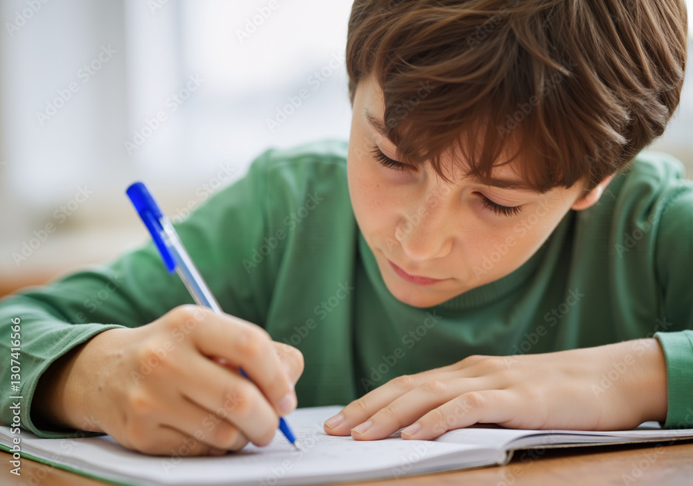 Schoolboy doing homework, writing on notebook at home Schoolboy doing homework, writing on notebook at home