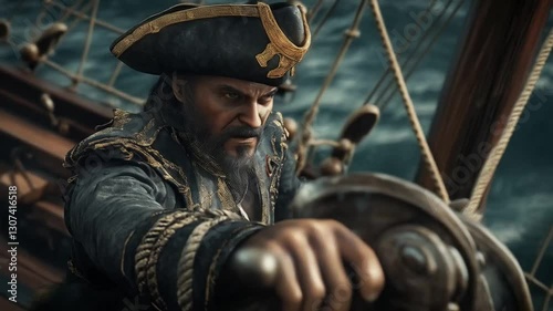 The pirate captain stood at the helm of his ship, a weathered map in one hand and a gleaming cutlass in the other, his eyes scanning the horizon for treasure and adventure.