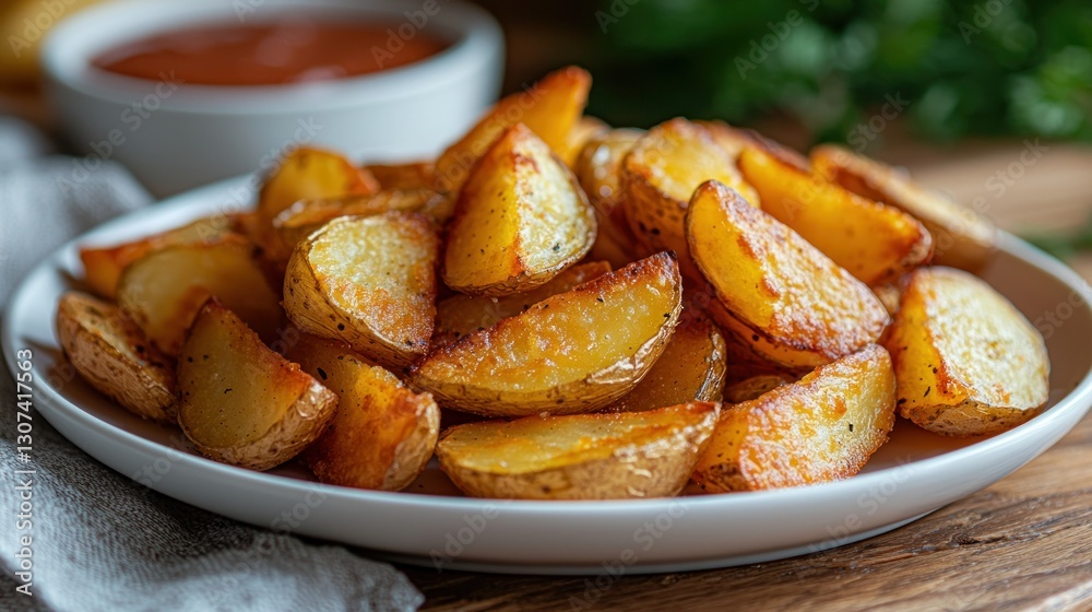 Crispy potato wedges, rustic kitchen, dipping sauce, food photography Crispy potato wedges, rustic kitchen, dipping sauce, food photography