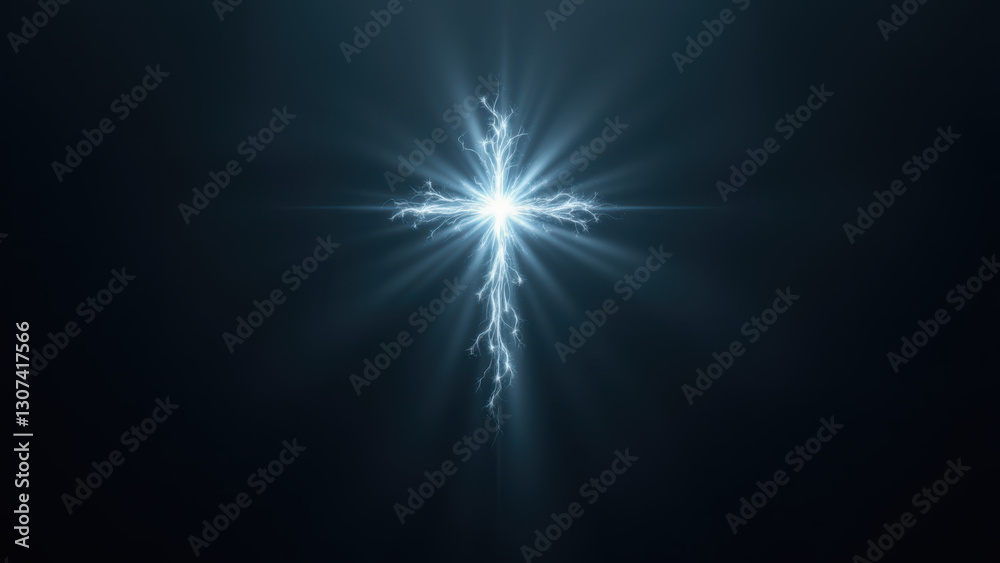 Fototapeta premium A fiery cross with a divine glow emerging from below against a dark background.