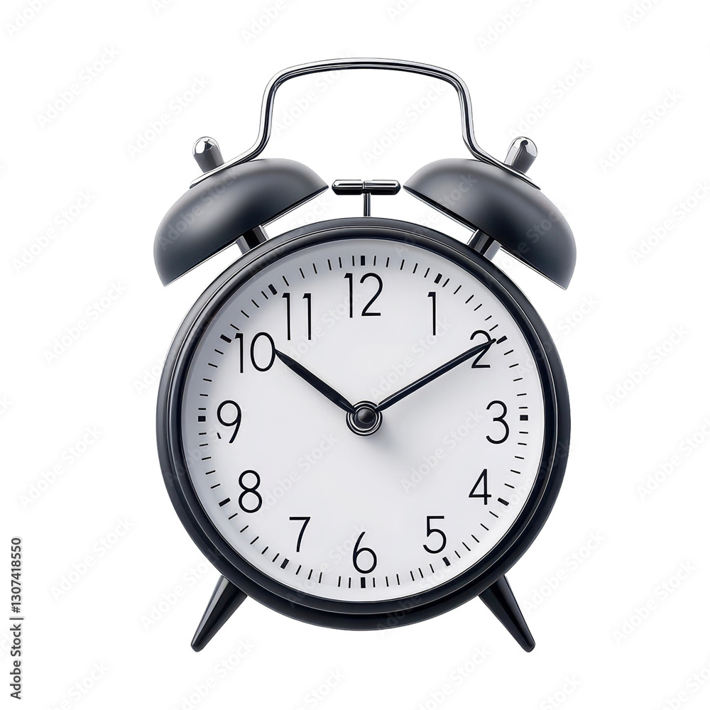 Classic black alarm clock with white face and bells Classic black alarm clock with white face and bells