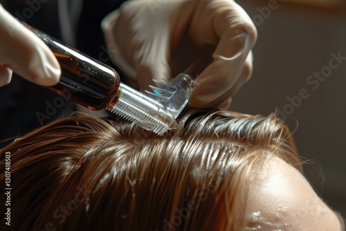 Microneedling roller on brown hair for haircare treatment