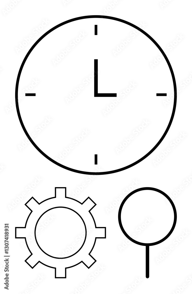 Minimalist clock, gear, and magnifying glass symbolizing time, operations, and exploration. Ideal for productivity, efficiency, workflow innovation discovery focus research. Flat simple metaphor Minimalist clock, gear, and magnifying glass symbolizing time, operations, and exploration. Ideal for productivity, efficiency, workflow innovation discovery focus research. Flat simple metaphor