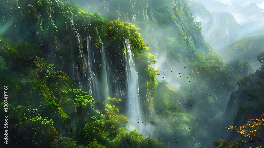 A breathtaking waterfall cascading down lush green cliffs, surrounded by mist and vibrant foliage A breathtaking waterfall cascading down lush green cliffs, surrounded by mist and vibrant foliage