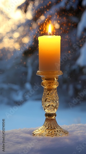 Candle in a gold-colored candleholder on snow, winter sunset background.