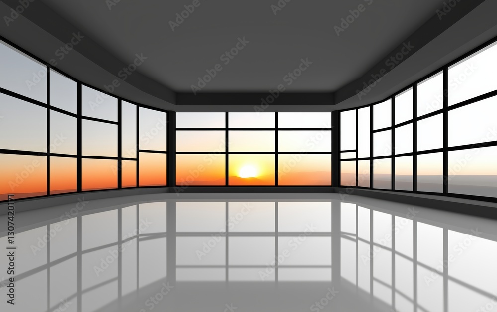 A modern office interior featuring expansive windows with a sunset view. Concept of workspace and natural light. A modern office interior featuring expansive windows with a sunset view. Concept of workspace and natural light.