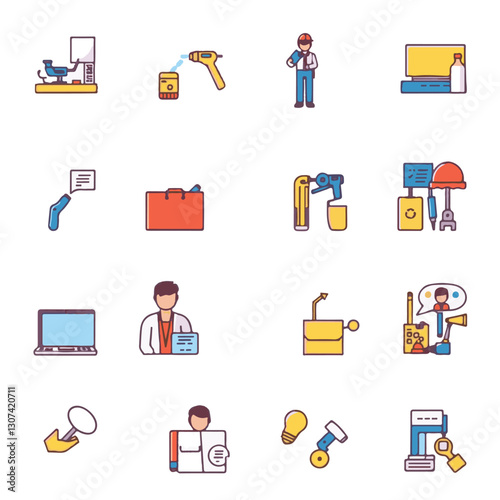 Power tools and industrial equipment isolated icons set. Set of electric tools, woodworking instruments, welding equipment, air compressor machines vector icons.