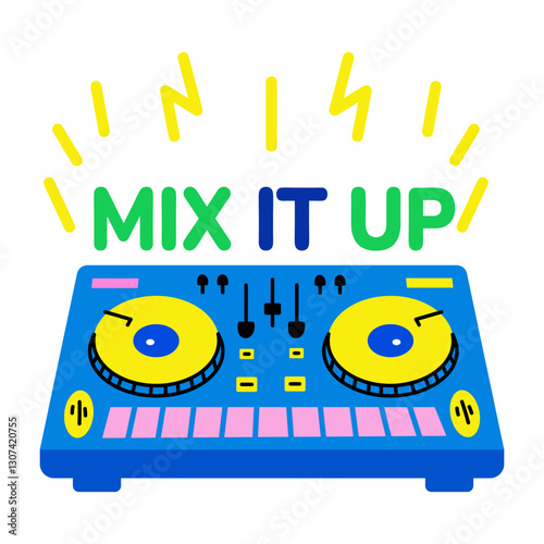 Dj turntable with mix it up text, flat sticker