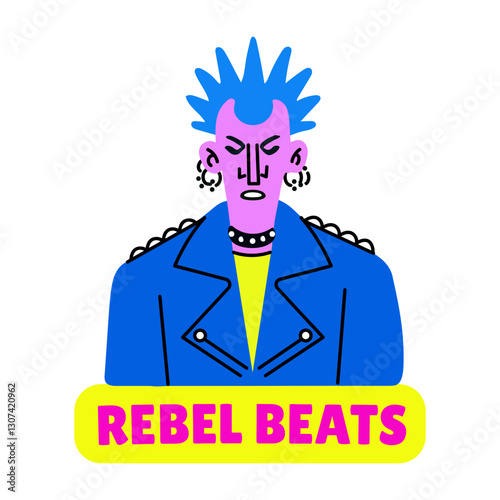 A flat style sticker of a character with rebel beats typography