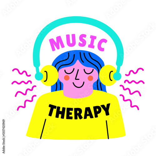 A flat style sticker of a character wearing headphones with music therapy typography