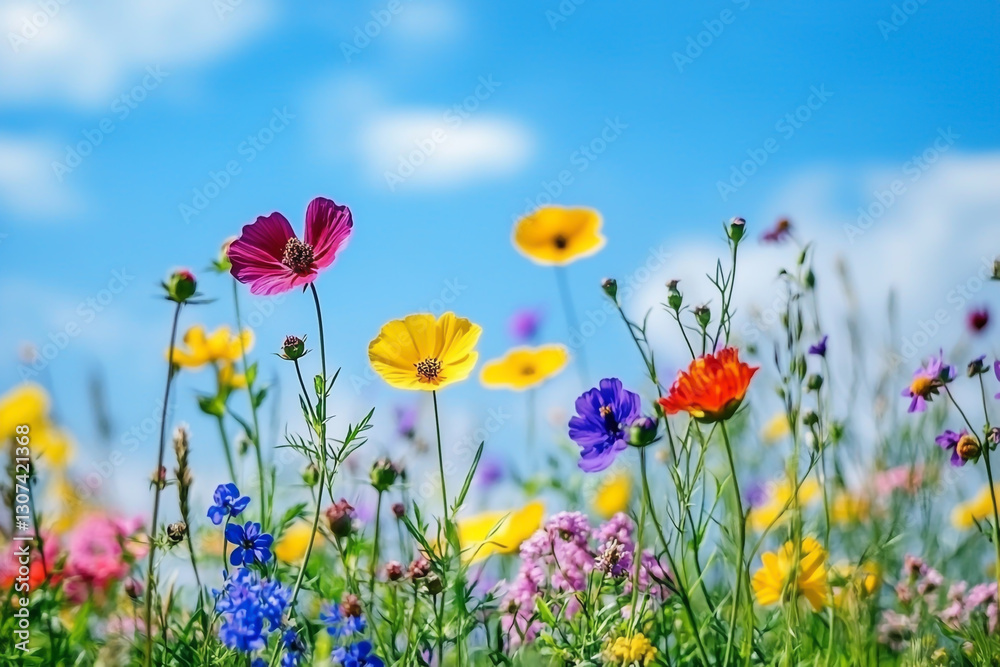 Colorful wildflowers in the field with a blue sky background, a colorful flower bed with copy space. A flower garden. A floral springtime scene. Colorful wildflowers in the field with a blue sky background, a colorful flower bed with copy space. A flower garden. A floral springtime scene.