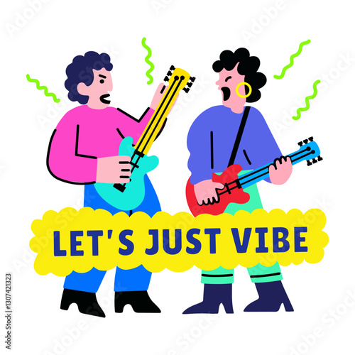 A flat style sticker of guitar duo with lets just vibe typography