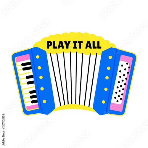 A flat style sticker of accordion with play it all typography