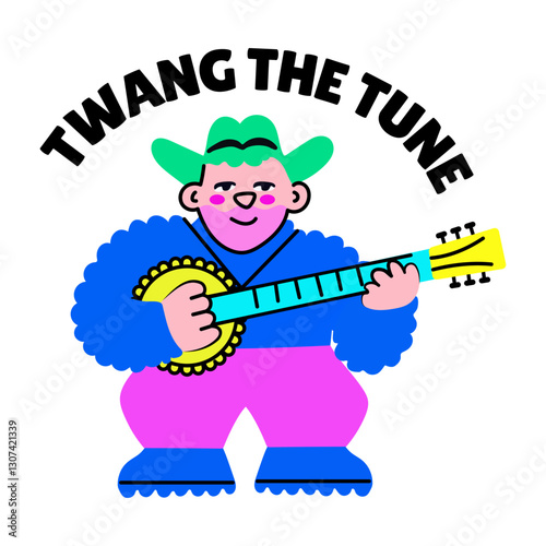 A flat style sticker of banjo player with twang the tune typography