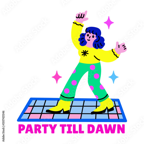 A flat style sticker of dancing character with party till dawn typography