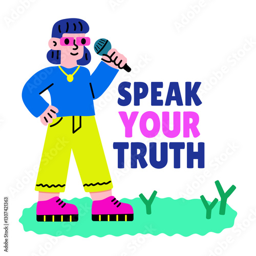 flat style sticker of singing character with speak your truth typography