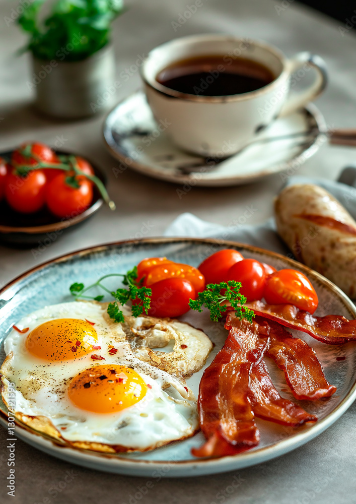 modern breakfast plate with sunny-side-up eggs, crispy bacon, sausages, and fresh tomatoes, served with a hot cup of coffee or tea