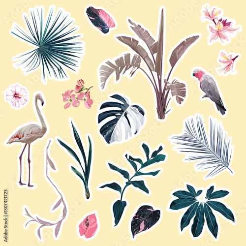 Big set of cute cartoon tropical stickers with palm leaves, flowers and flamingos. Cute stickers, patches or pins collection. Tropical vibes stickers big set.