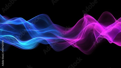Abstract flowing lines of blue and pink against a black background