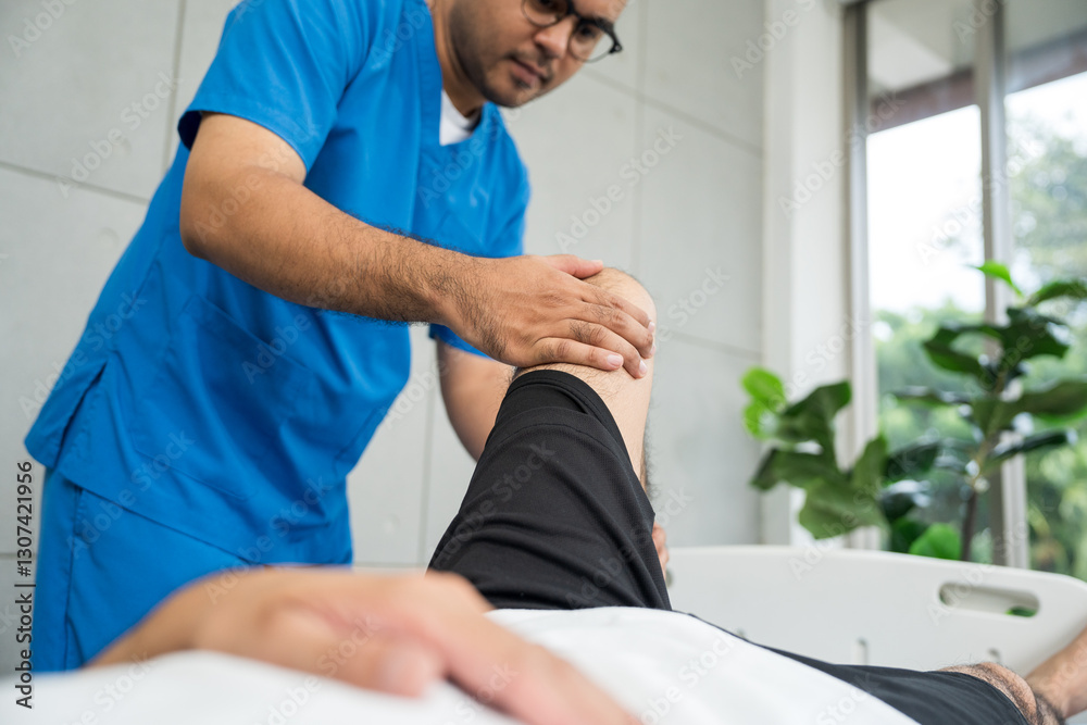 Obraz premium Physical therapy. Male Nurse aids young man in recovering from spine injury and providing orthopedic massage Orthopedic healthcare and chiropractor with person for physical therapy rehabilitation