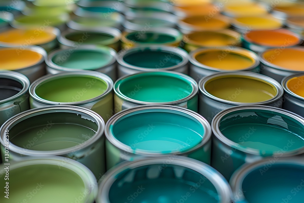 Fototapeta premium Open paint cans showing vibrant green, turquoise, and yellow colors arranged in rows, creating depth of field effect with selective focus for interior design projects.