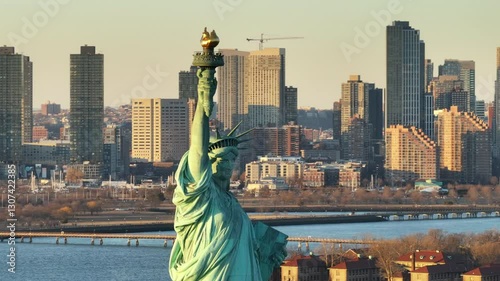 Aerial view of the statue of Liberty at sunset