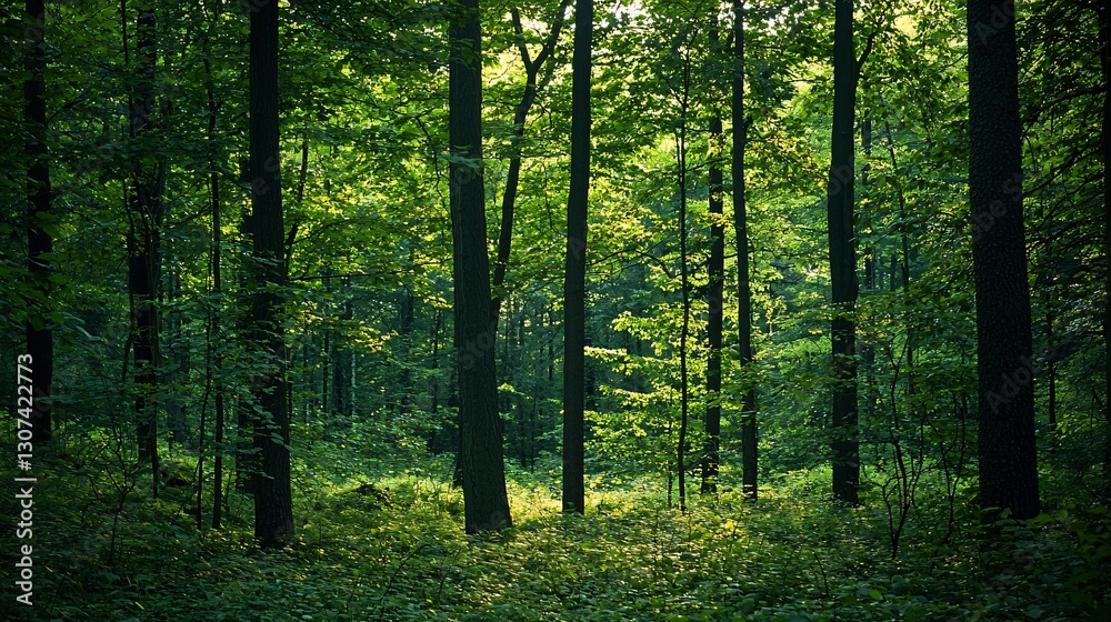 A green forest bathed in sunlight through the trees A green forest bathed in sunlight through the trees