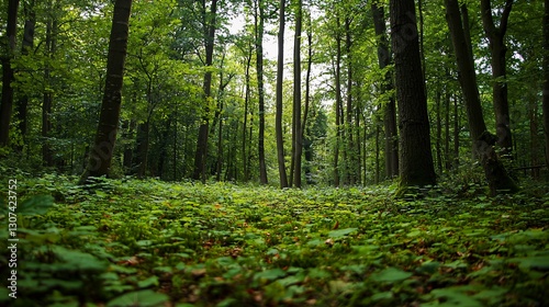 A lush green forest scene with tall trees and vegetation