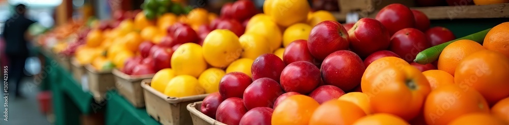Rows of fresh colorful fruits displayed at a market stall, locally grown, street market Rows of fresh colorful fruits displayed at a market stall, locally grown, street market