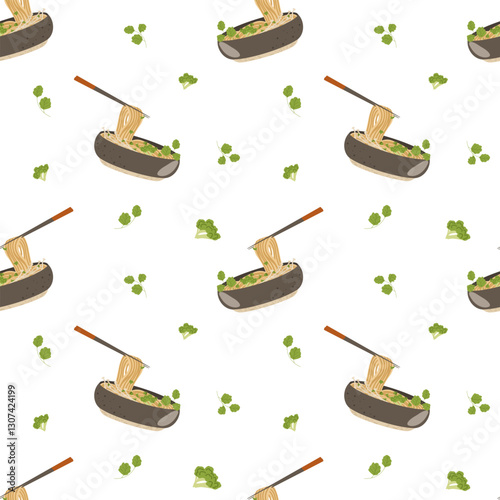 Chinese noodle soup vector seamless pattern. Hand drawn illustration with traditional Chinese food in a bowl with chopsticks. Simple background for print, design, textile, decor