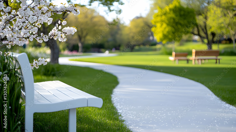 Fototapeta premium White Bench Beside a Winding Stone Path in a Beautifully Landscaped Park