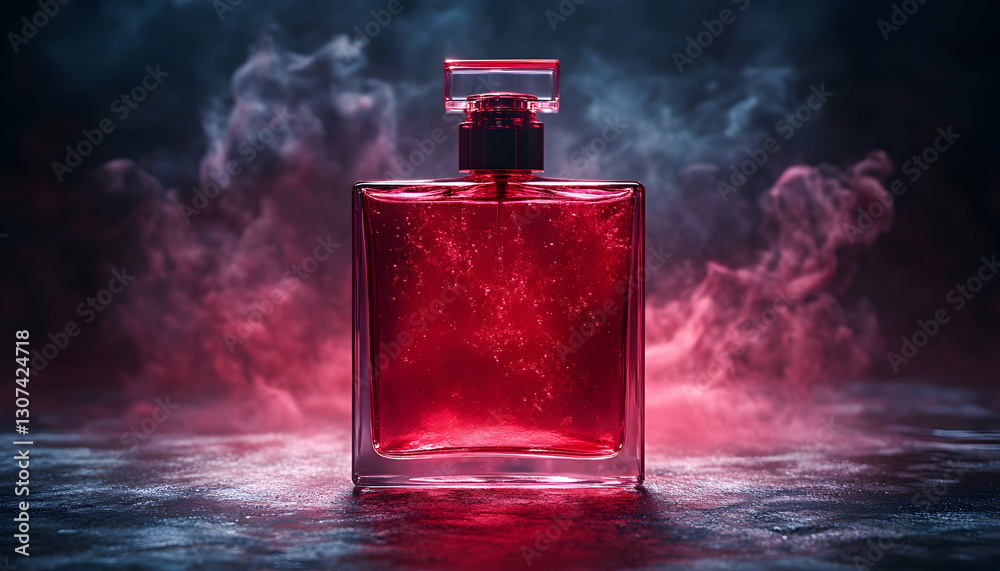 Red Perfume Bottle in Dark Smoky Setting Red Perfume Bottle in Dark Smoky Setting