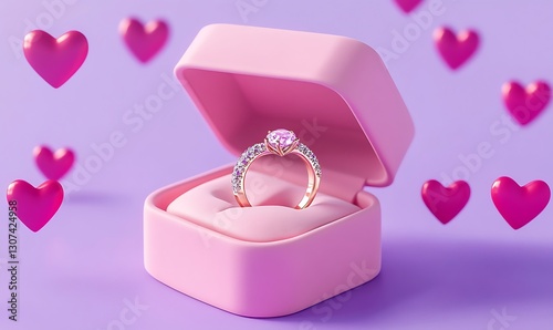 Engagement ring in pink box surrounded by floating hearts on lavender background.