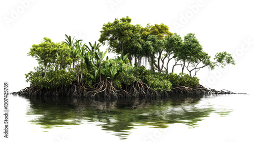 Jungle Mangrove Vegetation with Exposed Roots and Water Reflection on Transparent Background. Amazon Mangrove Landscape Element