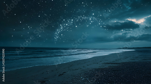 Night Seascape with Stars over Dark Sandy Beach and Ocean Waves