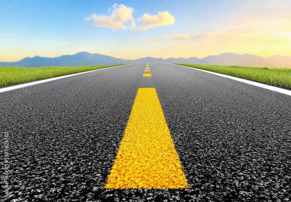 Fototapeta premium Asphalt Road Leading to Distant Mountains Under a Blue Sky