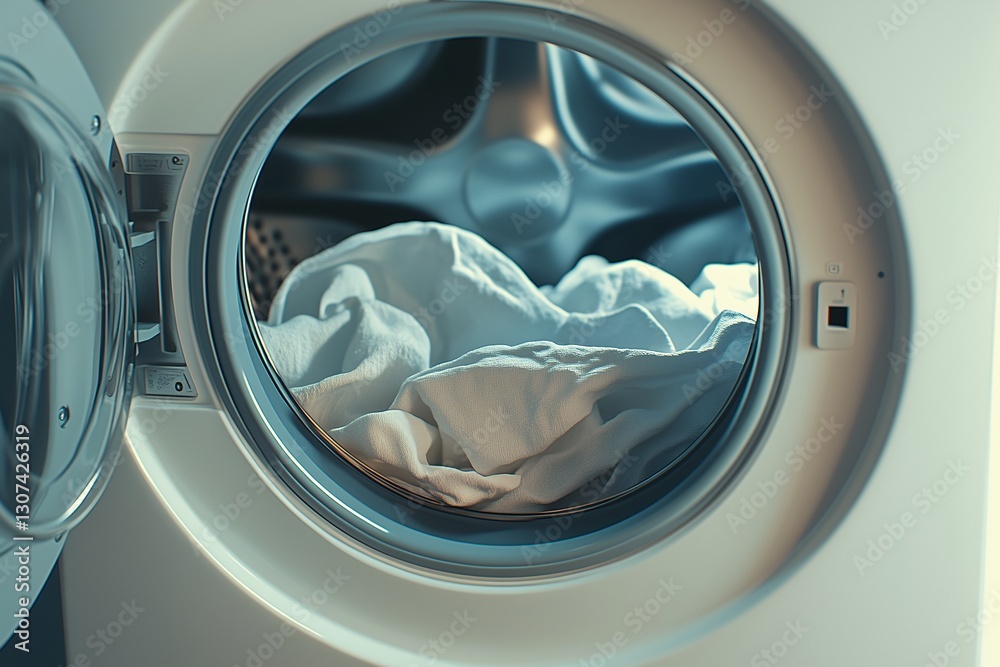 Close-up of a washing machine drum with fresh white laundry inside. Clean clothes, modern household appliance, and hygiene concept. Perfect for laundry, cleaning, and home care themes Close-up of a washing machine drum with fresh white laundry inside. Clean clothes, modern household appliance, and hygiene concept. Perfect for laundry, cleaning, and home care themes