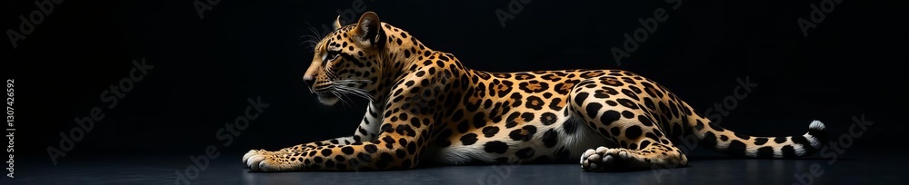Naklejka premium Sleek leopard with striking spots on dark backdrop, leopard, beautiful