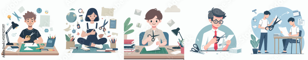 Vector of a student feeling creative and focused while holding a pair of scissors and cutting paper for a craft project, with a simple flat design and minimalistic plain white background. Vector of a student feeling creative and focused while holding a pair of scissors and cutting paper for a craft project, with a simple flat design and minimalistic plain white background.