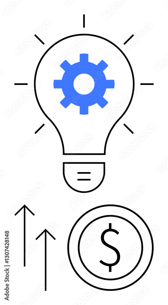 Light bulb with gear inside, upward arrows, and dollar coin symbolizing ideas, innovation, progress, and financial success. Ideal for business strategy, entrepreneurship, growth creativity Light bulb with gear inside, upward arrows, and dollar coin symbolizing ideas, innovation, progress, and financial success. Ideal for business strategy, entrepreneurship, growth creativity