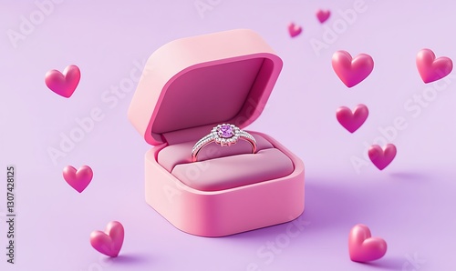 Engagement ring in pink box surrounded by floating hearts on lavender background.